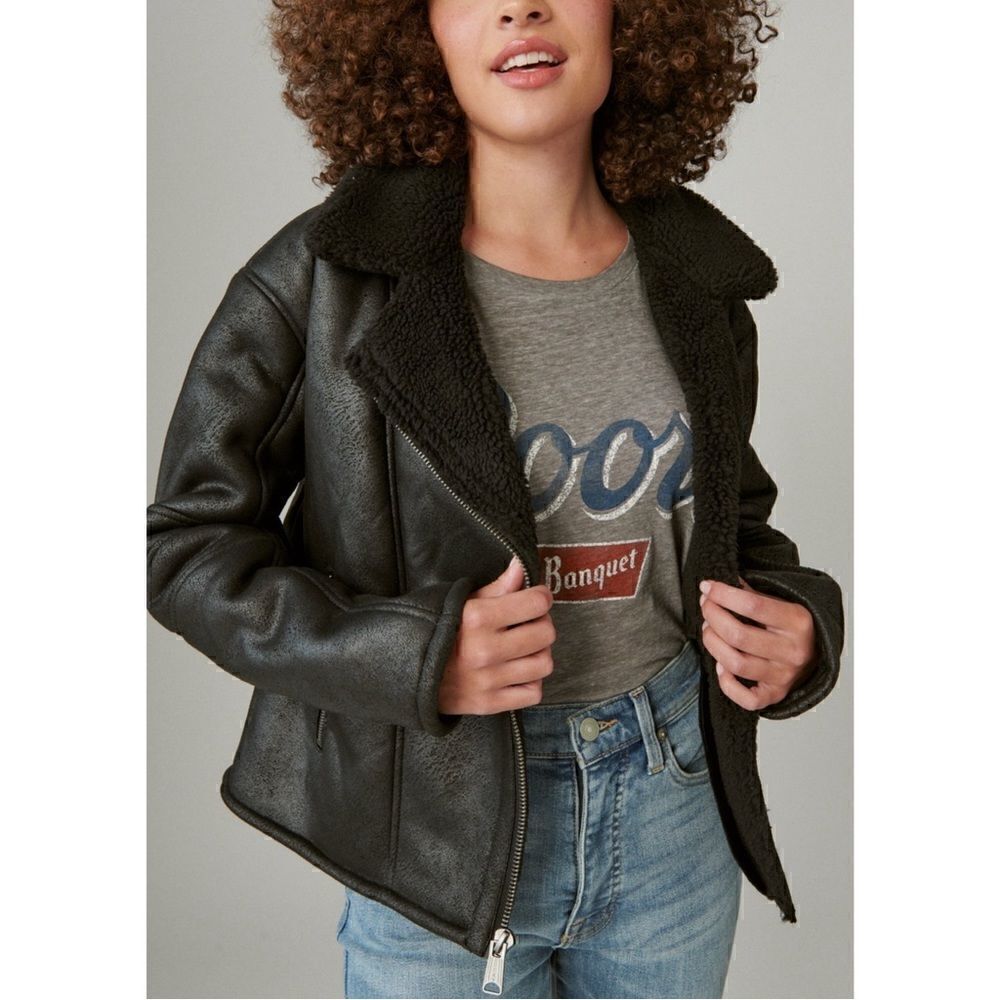 Moussy Leather Suede Faux Shearling Zip Black Biker Moto Jacket Sz M